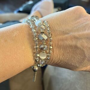 Gray Crystal Beaded Wire wrap Bracelet, with Tassel‎ Accent. Vintage.
